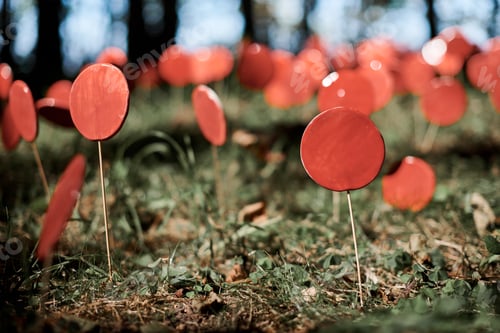 Preview: Red lollipops on stick against green grass, outdoor land art objects for environmental concept