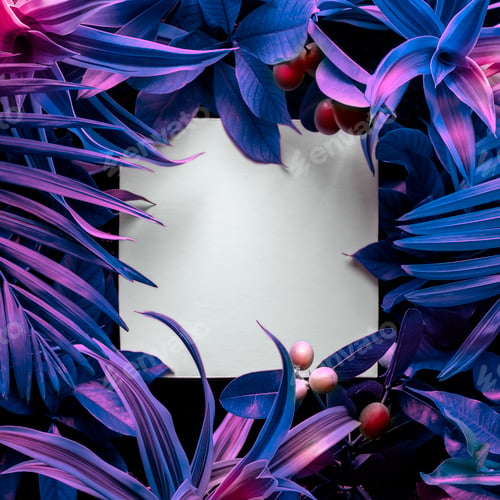 Preview: Creative fluorescent tropical leaf layout with a square note. Creative concept of nature.
