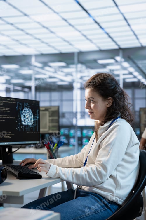 Preview: Woman trying to fix error in high tech AI data center workplace, solving tasks