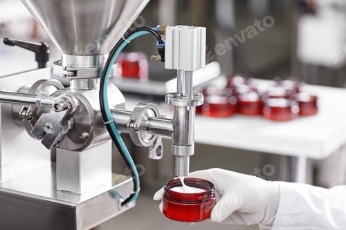 Preview: Hard mechanism of packing ready beauty cream into red container. A factory worker dressed in white l