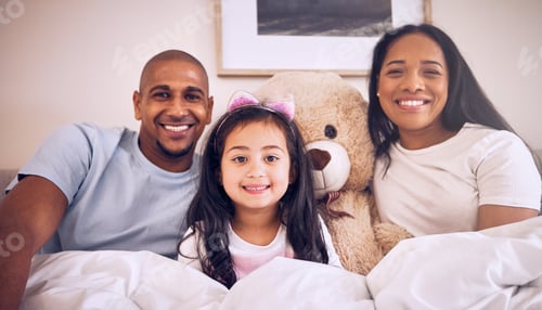 Preview: Family, morning and happy portrait on a bed at home with a smile, teddy bear and comfort for qualit
