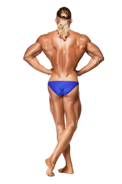 Preview: Attractive Male Body Builder, Isolated On White Background. Portrait In Full Growth. Back View