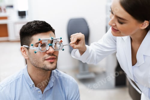 Preview: Optometrist checking male patients vision with trial frame