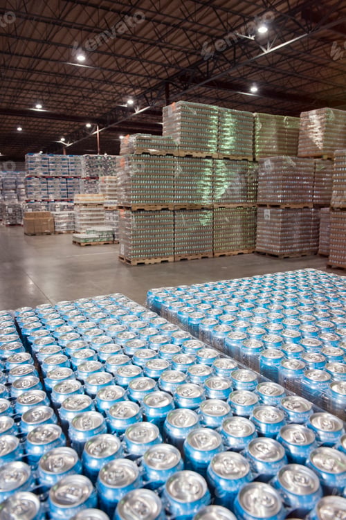 Preview: Cans of flavored water stored in the warehouse of a large bottling plant.