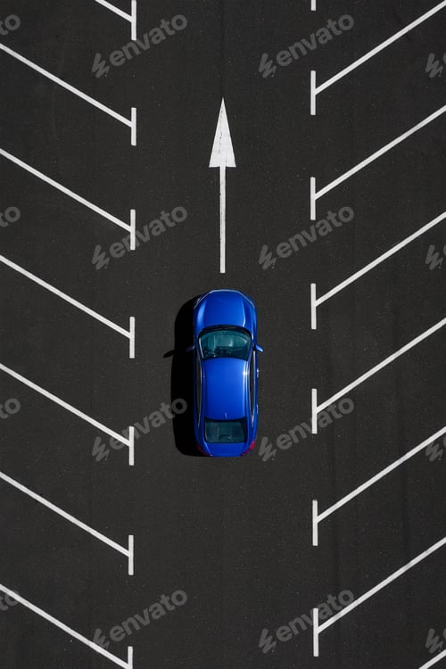 Preview: Transportation. View on the car from the air. Car in an empty parking lot.