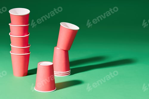Preview: Set of red paper cups on green background with copy space