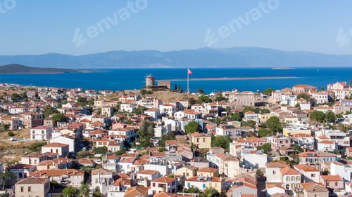 Preview: Aerial drone view of Cunda Island harbor. Balikesir - Turkey