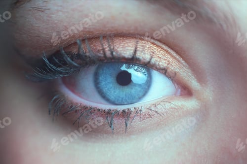 Preview: Macro photography of a beautiful blue-green eye of a woman with wing eyeliner