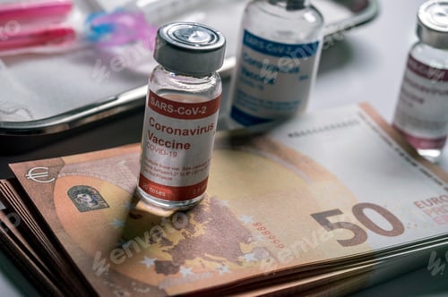 Preview: Coronavirus vial on euro banknotes, conceptual image