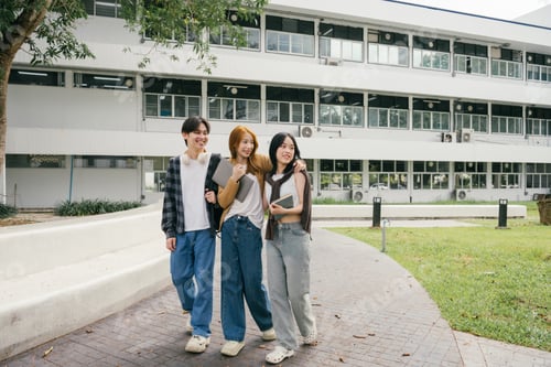 Preview: Three cheerful university students are walking together on campus, enjoying each other's company and