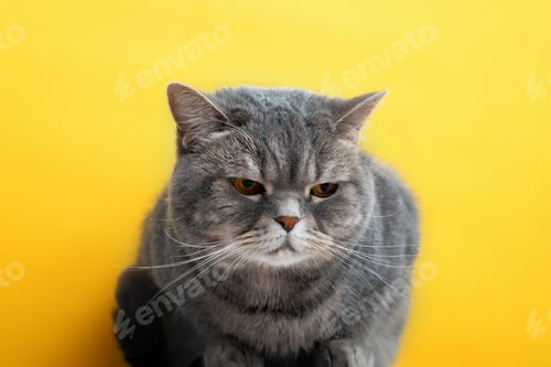 Preview: Portrait of fat sad British cat looking away on yellow background. Upset, depressed animal