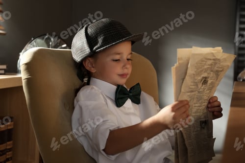 Preview: Cute little detective reading newspaper in office