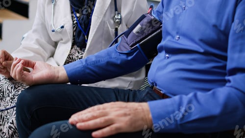 Preview: Elderly medic using medical tonometer