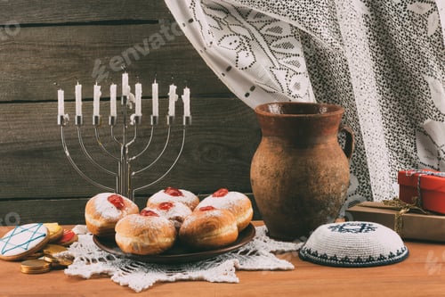 Preview: traditional jewish menorah, Kippah, ceramic jug, gifts and donuts for hanukkah celebration