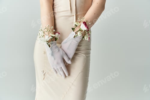 Preview: Young woman adorned with flowers showcases elegance in a soft pastel setting