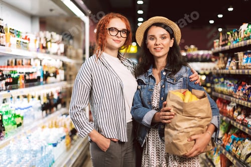 Preview: Beautiful girls with paper grocery bag full of products happily