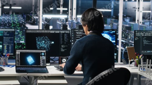 Preview: Programmer entering server room office, using AI to review infrastructure diagnostics