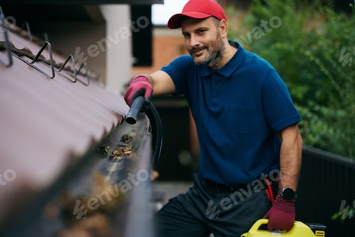 Preview: Close up of man using leaf blower while cleaning gutters on the roof of a house.