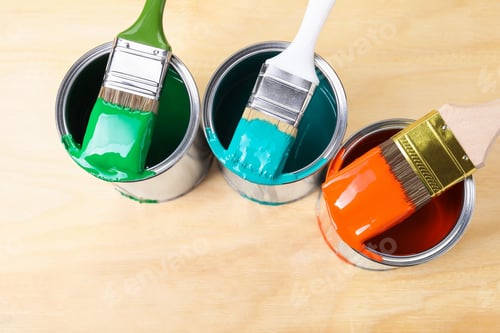 Preview: Colorful Paint Cans and Brushes on Wood