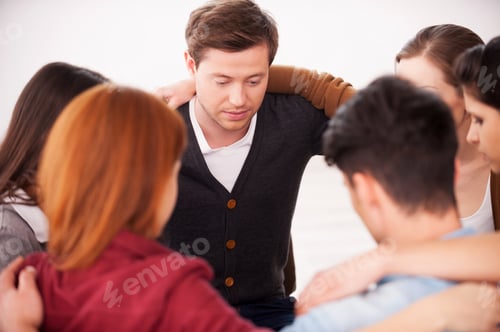 Preview: Together we are strong. Group of people sitting in circle and bonding to each other