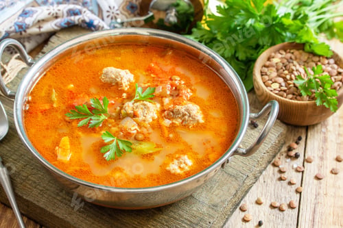 Preview: Tomato lentil soup with meatballs and vegetables on a wooden table.