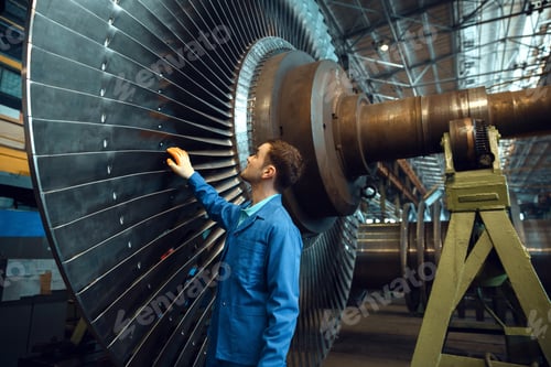 Preview: Engineer checks turbine impeller vanes, factory