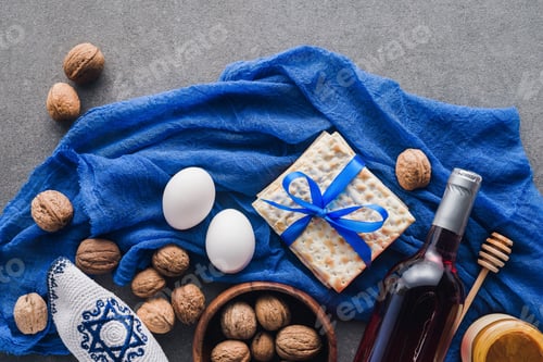 Preview: top view of matza, eggs and wine on table, Passover Tale concept