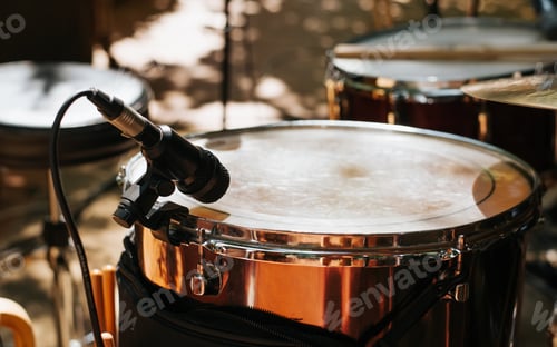 Preview: Drum set with a microphone at a street music festival. Close-up snare drum, selective focus