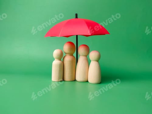 Preview: A wooden peg doll family cover by red umbrella