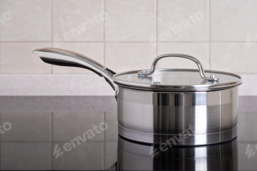 Preview: Stainless steel ladle sits on modern stove with glass-ceramic hob.