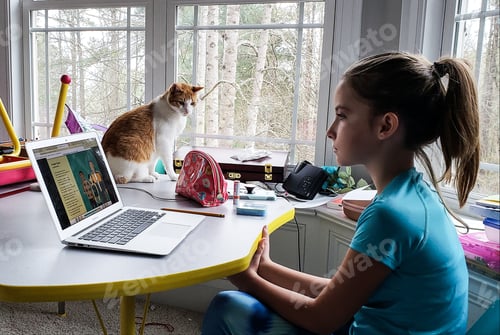 Preview: Gen z girl at home on laptop doing her school lessons remotely due to coronavirus lockdown of school