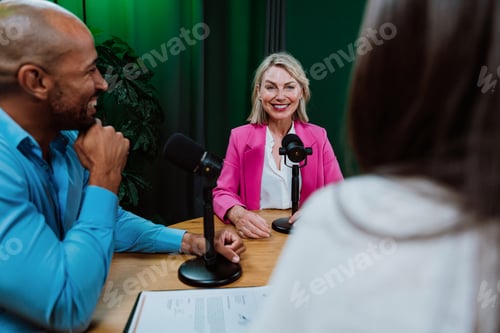 Preview: Group of three diverse hosts having a podcast discussion