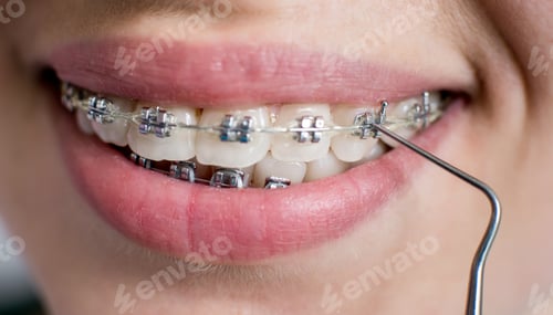 Preview: Close-up shot of teeth with braces. Female patient with metal brackets at the dental office.