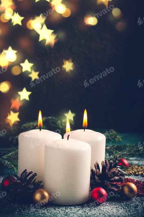 Preview: Christmas card with burning candles and decorations