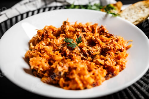Preview: Top view of traditional Polish kraut stew bigos with sausage and meat on a black table.