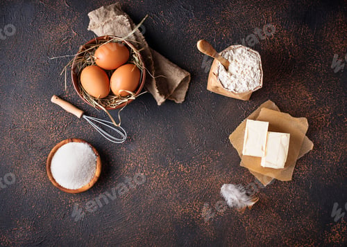 Preview: Ingredients for baking. Butter, eggs, sugar and flour