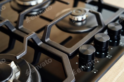 Preview: Gas stove with hob in kitchen, close up
