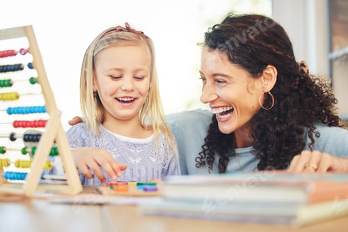 Preview: Education, learning and mother and girl in home with abacus for lesson, homework and studying. Chil
