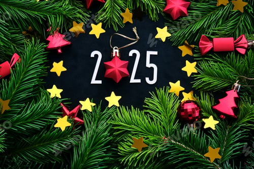 Preview: New Year 2025 background. Number of the coming year in Christmas decoration.