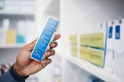 Preview: Pharmacy, medicine and pills, man and box in hand, healthcare and prescription medication in drug s