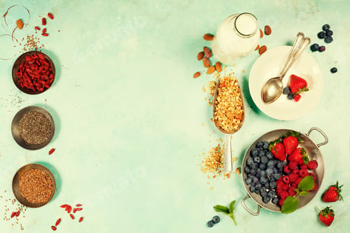 Preview: Healthy Breakfast set with granola, superfoods, almond milk and