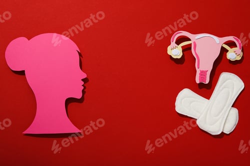 Preview: Pink female silhouette in profile with menstrual hygiene products