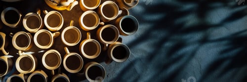 Preview: Clay Mugs Arrangement in Sunlight, Wide Banner