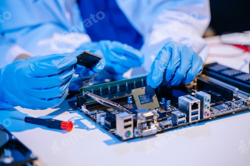Preview: The technician is putting the CPU on the socket of the computer motherboard. electronic engineering