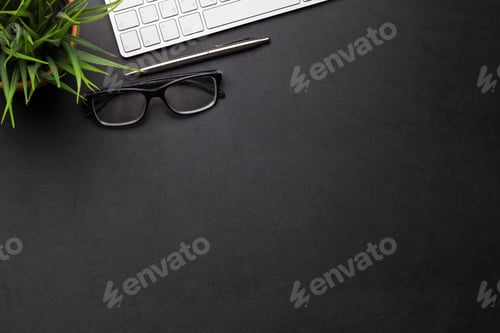 Preview: Office workplace table with plant, supplies and computer