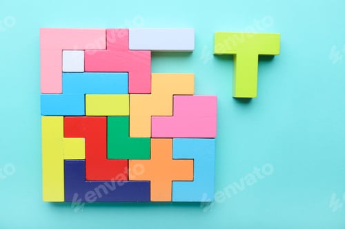 Preview: Multicolored puzzle, cubes on a blue background