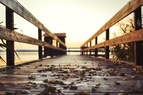 Preview: sunset on a wooden pier. Autumn landscape with falling leaves