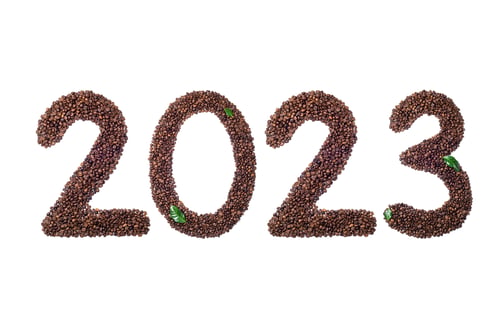 Preview: New Year 2023 made of coffee beans on white background. 2023 coffee background