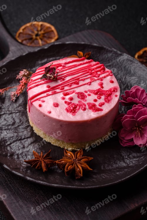 Preview: Sweet round tart cheesecake with raspberries or strawberries