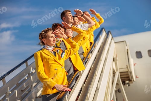 Preview: Joyful airline workers standing on airplane stairs under blue sky